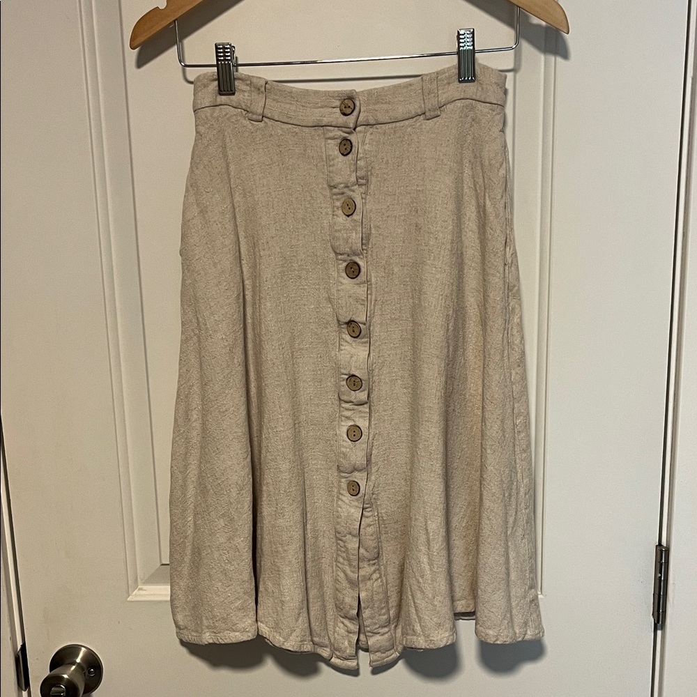 Frank & Oak Linen Blend Button-Front Midi Skirt in Sand